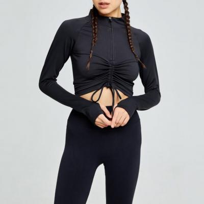 Custom Drawstring Stylish Design Zipper Sports Tops Long Sleeve 