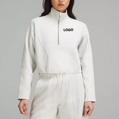 Wholesale Custom Logo Embroidery Women Hoodies Sweatshirts Mixed Fabric Half-Zip Pullover