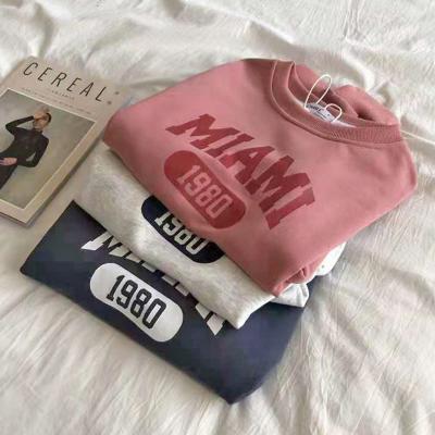 Wholesale Embroidered Puff Silk Printed Women Pullover Blank Plain Color Ribbed Trim Women Round Neck Sweatshirts