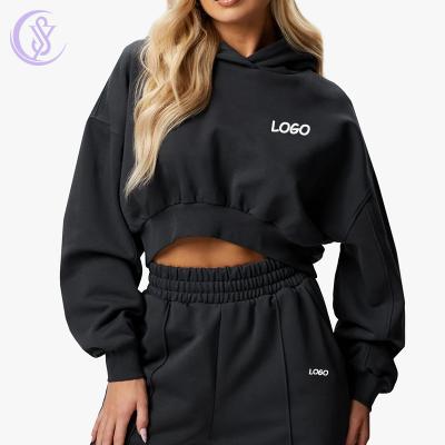 Custom 100% Cotton Fleece Crop Top Women′s Heavyweight Pullover Women′s Crop Hoodie Casual Long Sleeve Oversize Crop